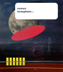 Аbstract moon poster in vintage style. Space concept. Digital collage. Contemporary art. Cover 90s. Speech bubble. 