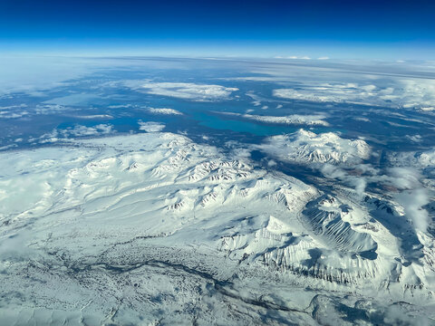 High altitude aerial view of Katmai National Park, Alaska, USA during early Spring.