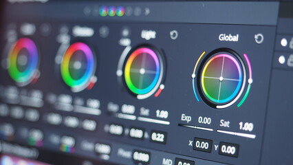 Color grading indicator graph on screen. RGB colour correction graphic bar on monitor in post...