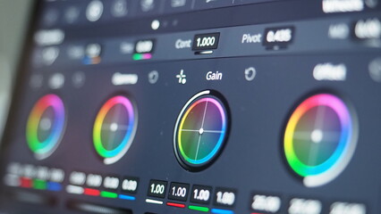 Color grading indicator graph on screen. RGB colour correction graphic bar on monitor in post production process. Telecine stage in video or film production processing. for colorist digital grading.