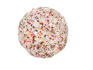 Traditional Orthodox cake with white icing and multicolored sugar sprinkles isolated on a white background. Design concept for a happy Christian Easter.