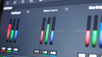 Color grading indicator graph on screen. RGB colour correction graphic bar on monitor in post production process. Telecine stage in video or film production processing. for colorist digital grading.