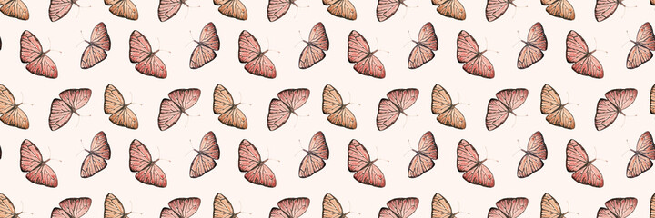 Watercolor seamless pattern with cute purple, violet butterflies on a white background