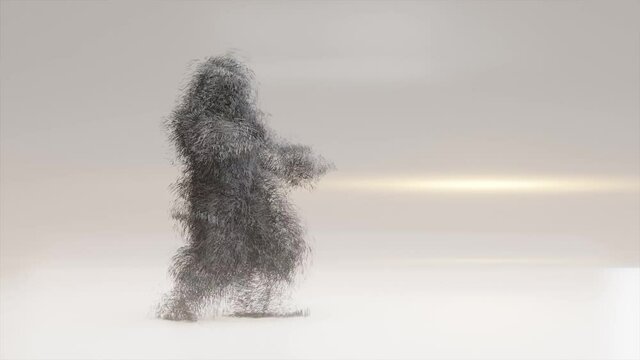 Hairy Monster Dancing clip isolated on the white background. fur bright funny fluffy character, fur, full hair, Chewbacca, snowman, 3d render. Sneaking out.