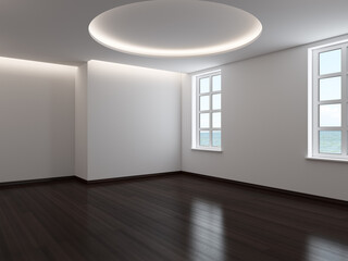 Empty Interior with Two Windows, White Plastered Walls, Cornice Lighting and Dark Parquet Floor with Plinths. 3D Rendering, 7680x5760