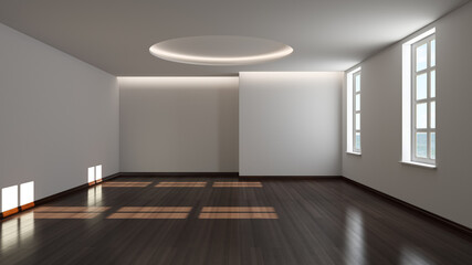Empty Interior with Two Windows, White Plastered Walls, Cornice Lighting and Dark Parquet Floor Lit by the Sun. 3D Illustration, Ultra HD 8K 7680x4320