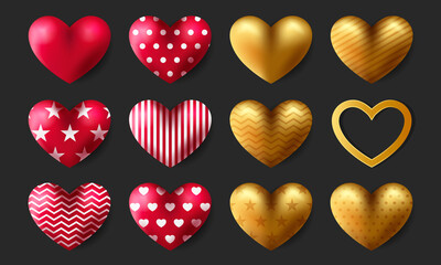 Realistic vector love shape illustration in golden & red color. Set of abstract 3d heart icon for valentines day, holiday, health, healthcare, and wedding decoration. Graphic background design.