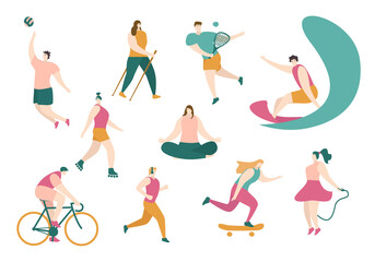 Funny men and women are engaged in different sports. Set. Physical activity, healthy lifestyle. Outdoor fitness