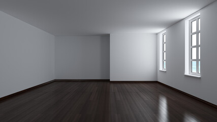 Empty Interior with Two White Windows, White Plastered Walls and Dark Parquet Floor with Work Path on Windows. 3D Rendering, Ultra HD 8K 7680x4320 