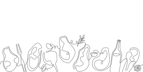 Seamless Horizontal Pattern with Meat, Spices and Utensils. Vector Background. Continuous line drawing style.