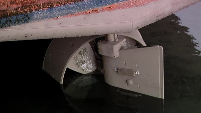 Boat with Underwater Propeller Docked. Closeup.  