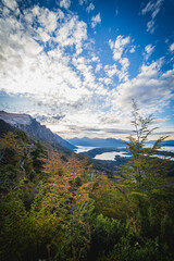 Mountains of Bariloche Patagonia with sunset in the forest landscape tourism