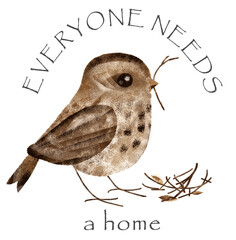 A bird with a twig builds a house.