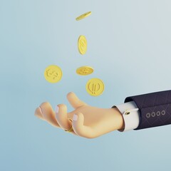 Cartoon 3d hand. A man's hand in a jacket and shirt catches the falling dollar and euro coins. The concept of payments. 3d render illustration on a blue background