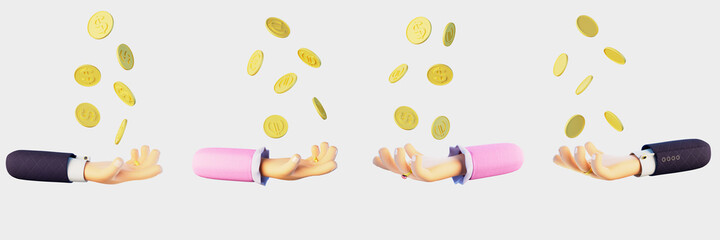 Set of cartoon 3d hands. Men's and women's hands catch falling dollars euros gold coins. Payment concept art. 3d render illustration isolated on a white background.