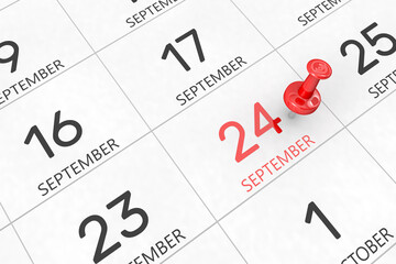 3d rendering of important days concept. September 24th. Day 24 of month. Red date written and pinned on a calendar. Autumn month, day of the year. Remind you an important event or possibility.