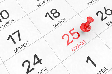 3d rendering of important days concept. March 25th. Day 25 of month. Red date written and pinned on a calendar. Spring month, day of the year. Remind you an important event or possibility.