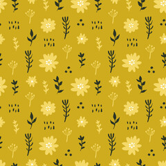 Seamless abstract colorful floral pattern with wild flowers. Floral background. Simple Scandinavian style. Vector illustration