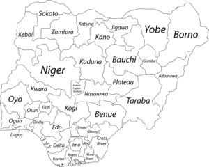 White blank vector map of the Federal Republic of Nigeria with black borders and names of its states
