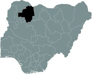 Black highlighted location map of the Nigerian Zamfara state inside gray map of the Republic of Nigeria