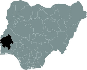 Black highlighted location map of the Nigerian Oyo state inside gray map of the Republic of Nigeria