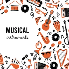Draagtas Hand drawn banners template with musical instrument, guitar, saxophone. Doodle sketch style. Vector illustration for music shop, musical instrument banner, music festival flyer, brochure background © Polina Tomtosova