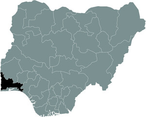 Black highlighted location map of the Nigerian Ogun state inside gray map of the Republic of Nigeria
