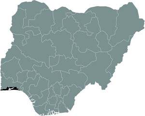 Black highlighted location map of the Nigerian Lagos state inside gray map of the Republic of Nigeria