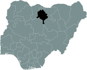 Black highlighted location map of the Nigerian Kano state inside gray map of the Republic of Nigeria