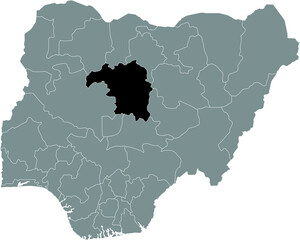 Black highlighted location map of the Nigerian Kaduna state inside gray map of the Republic of Nigeria