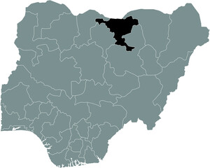 Obraz premium Black highlighted location map of the Nigerian Jigawa state inside gray map of the Republic of Nigeria