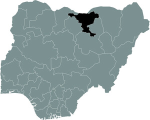 Black highlighted location map of the Nigerian Jigawa state inside gray map of the Republic of Nigeria