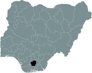 Black highlighted location map of the Nigerian Imo state inside gray map of the Republic of Nigeria