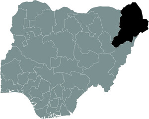 Black highlighted location map of the Nigerian Borno state inside gray map of the Republic of Nigeria
