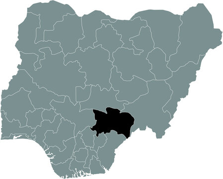 Black highlighted location map of the Nigerian Benue state inside gray map of the Republic of Nigeria