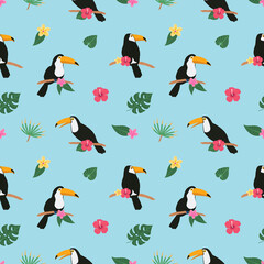 Summer colorful bright seamless hand drawn tropical pattern with toucan birds and exotic plant leaves and flowers of hibiscus on white background. Hawaiian style. Vector illustration