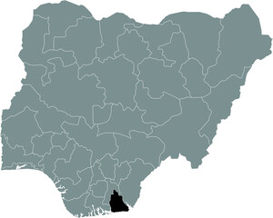 Black highlighted location map of the Nigerian Akwa Ibom state inside gray map of the Republic of Nigeria