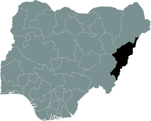 Black highlighted location map of the Nigerian Adamawa state inside gray map of the Republic of Nigeria