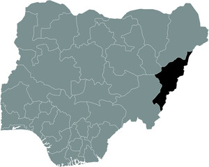 Obraz premium Black highlighted location map of the Nigerian Adamawa state inside gray map of the Republic of Nigeria