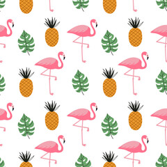 Summer seamless cute colorful pattern with flamingo, pineapple, tropical leaves. Tropic background. Vector illustration