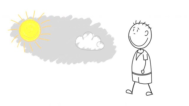 The drawn black and white boy walks on a white background with a sky, yellow sun and a cloud in motion. Looped animation of a child's drawing.