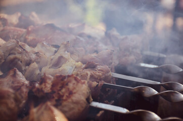 Shashlik or shish kebab preparing on barbecue grill over hot charcoal in smoke. Grilled pieces of pork meat on metal skewers.