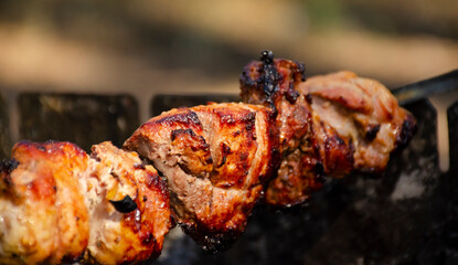 Shashlik or shish kebab preparing on barbecue grill over hot charcoal. Grilled pieces of pork meat on metal skewers.
