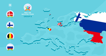 Group B European 2020 football championship Vector illustration with a map of Europe and highlighted countries flag that qualified to final stage and logo sign on blue background - obrazy, fototapety, plakaty