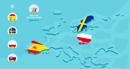 Group E European 2020 football championship Vector illustration with a map of Europe and highlighted countries flag that qualified to final stage and logo sign on blue background