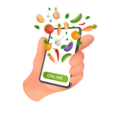 Fresh Farm grocery market. Food service online order and Delivery. Human hand holding a mobile smartphone with natural vegetables on the screen. Vector illustration isolated on a white background
