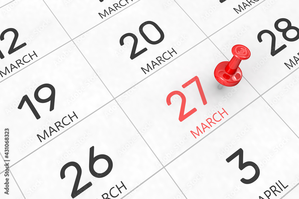 Fototapete 3d rendering of important days concept. march 27th. day 27 of month. red date written and pinned on 