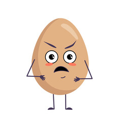 Cute egg characters with angry emotions, face, arms and legs. Happy Easter decoration. The funny or grumpy food hero