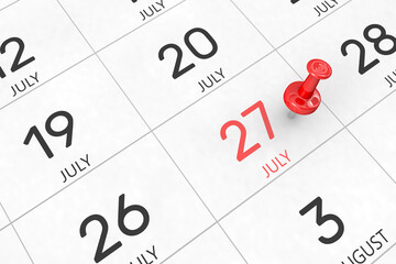 3d rendering of important days concept. July 27th. Day 27 of month. Red date written and pinned on a calendar. Summer month, day of the year. Remind you an important event or possibility.