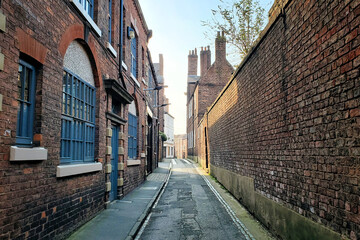 Old brick buildings along a street in the Old Town of York, England